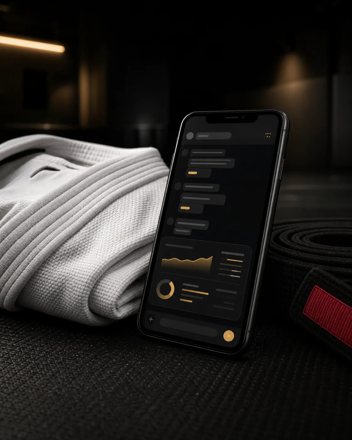 BJJ training journal shown beside a gi and black belt
